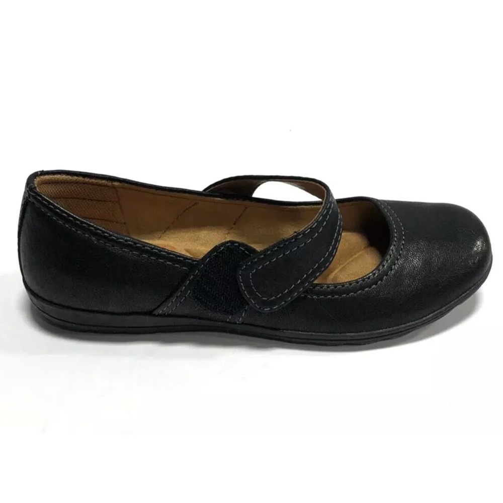 Comfortiva Black Leather Mary Jane Flat with Adjustable Strap